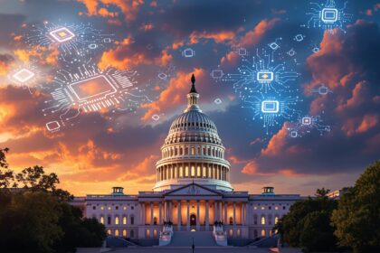 US Capitol building with semiconductor wafers in the sky symbolizing the CHIPS Act