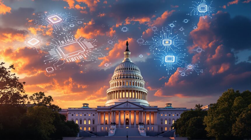 US Capitol building with semiconductor wafers in the sky symbolizing the CHIPS Act