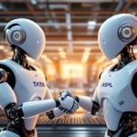 Two robots with Tata and ASML logos shaking hands