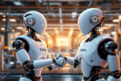 Two robots with Tata and ASML logos shaking hands