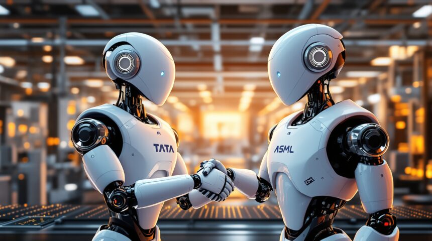 Two robots with Tata and ASML logos shaking hands