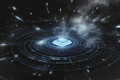 Dramatic fine-art editorial illustration of ultra-wideband wireless ranging technology, concentric radio wave rings eman