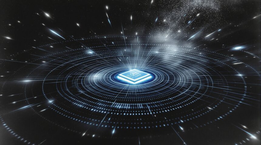 Dramatic fine-art editorial illustration of ultra-wideband wireless ranging technology, concentric radio wave rings eman