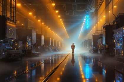 European semiconductor fabrication facility with lithography machines at dawn, oil painting style