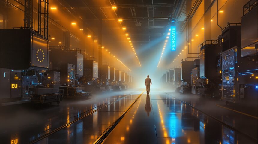 European semiconductor fabrication facility with lithography machines at dawn, oil painting style