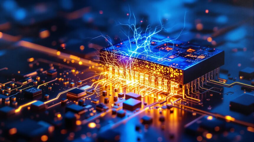 Onsemi GaNEXUS gallium nitride power FET close-up artistic illustration