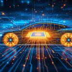 VLSI chip design powering electric vehicle revolution, editorial illustration