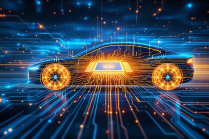 VLSI chip design powering electric vehicle revolution, editorial illustration