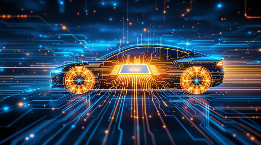 VLSI chip design powering electric vehicle revolution, editorial illustration