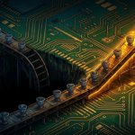 Hand-drawn illustration on a green circuit board base, deep blues and teals with gold and amber highlights.