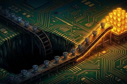 Hand-drawn illustration on a green circuit board base, deep blues and teals with gold and amber highlights.