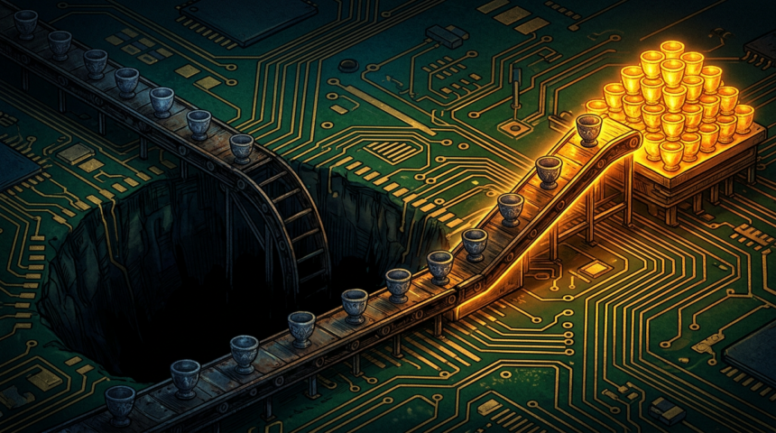 Hand-drawn illustration on a green circuit board base, deep blues and teals with gold and amber highlights.