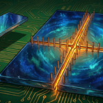 Hand-drawn illustration on a green circuit board base, deep blues and teals with gold and amber highlights.
