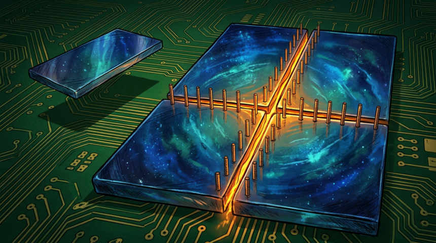 Hand-drawn illustration on a green circuit board base, deep blues and teals with gold and amber highlights.