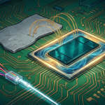 Hand-drawn illustration on a green circuit board base, deep blues and teals with gold and amber highlights.