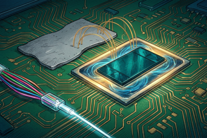 Hand-drawn illustration on a green circuit board base, deep blues and teals with gold and amber highlights.