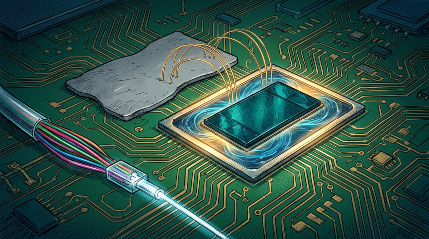 Hand-drawn illustration on a green circuit board base, deep blues and teals with gold and amber highlights.