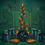 Hand-drawn illustration on a green circuit board base, deep blues and teals with gold and amber highlights.