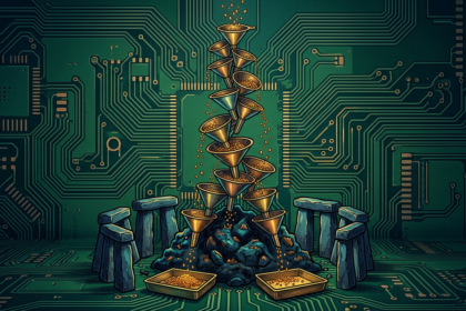 Hand-drawn illustration on a green circuit board base, deep blues and teals with gold and amber highlights.
