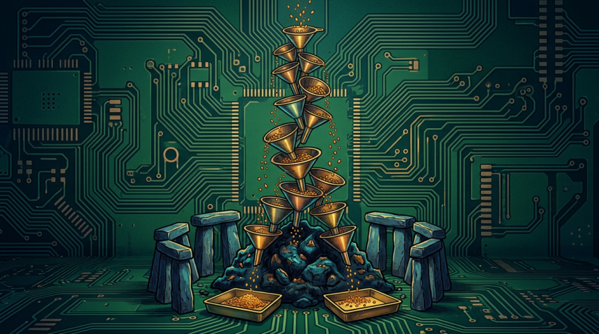 Hand-drawn illustration on a green circuit board base, deep blues and teals with gold and amber highlights.