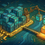 Hand-drawn illustration on a green circuit board base, deep blues and teals with gold and amber highlights.
