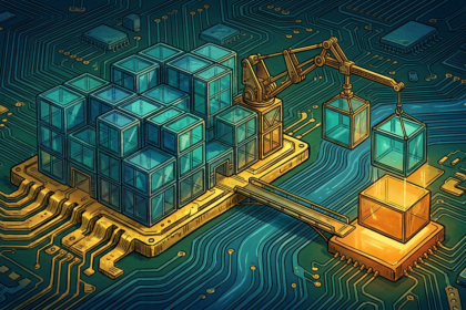 Hand-drawn illustration on a green circuit board base, deep blues and teals with gold and amber highlights.
