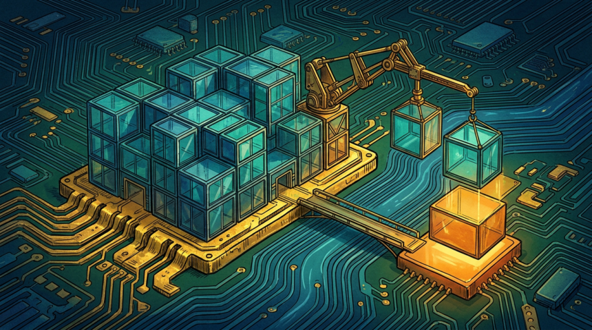 Hand-drawn illustration on a green circuit board base, deep blues and teals with gold and amber highlights.