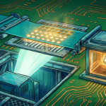 Hand-drawn illustration on a green circuit board base, deep blues and teals with gold and amber highlights.