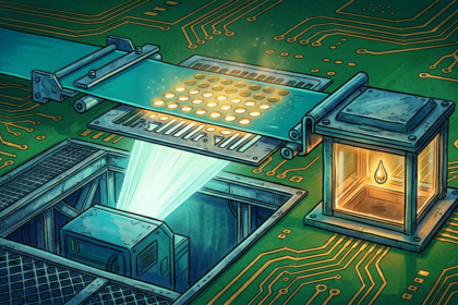 Hand-drawn illustration on a green circuit board base, deep blues and teals with gold and amber highlights.