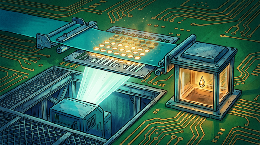 Hand-drawn illustration on a green circuit board base, deep blues and teals with gold and amber highlights.