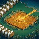 Hand-drawn illustration on a green circuit board base, deep blues and teals with gold and amber highlights.