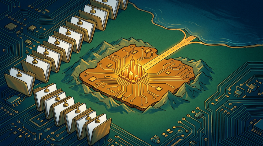 Hand-drawn illustration on a green circuit board base, deep blues and teals with gold and amber highlights.