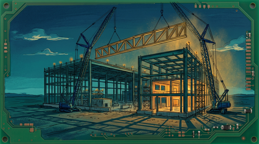 A truss goes up at the plant Intel promised five years ago